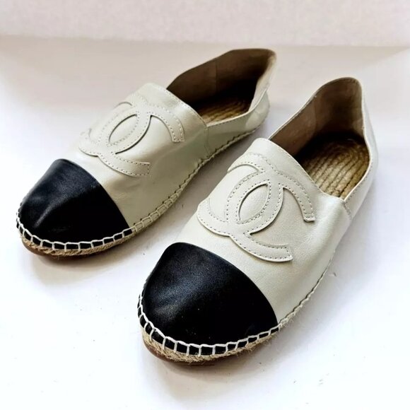 Chanel CC Logo Lambskin Espadrille Flats Cap Toe Black Beige Women's EU 39 US 8 - Picture 1 of 11